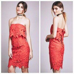 Saylor x Free People Erin Coral Red Lace Strapless Dress Size: Small